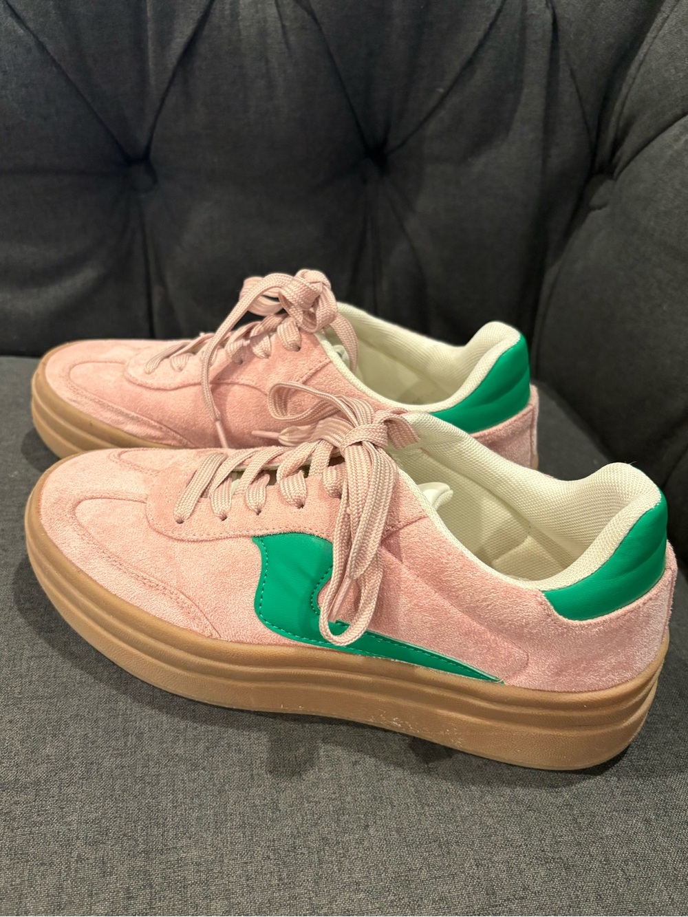 TOP Moda Women’s Pink Suede Lace-Up Sneakers with Green Accent Size 8